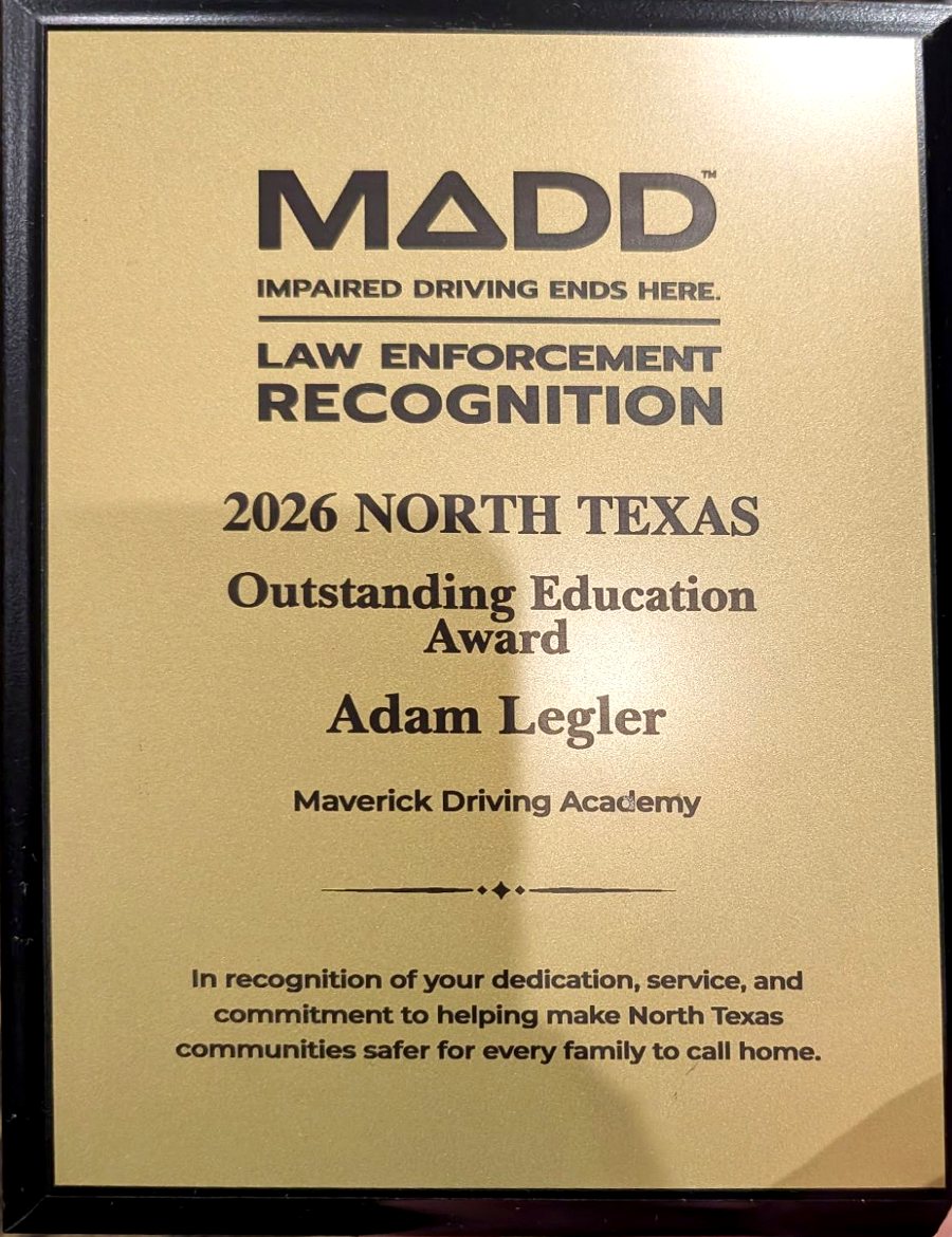 MADD 2026 North Texas Outstanding Education Award plaque presented to Adam Legler of Maverick Driving Academy